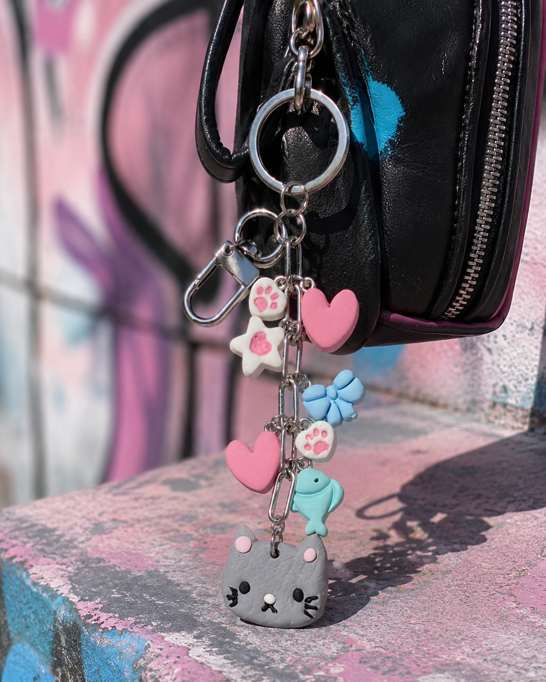Grey Cat Charm Keychain