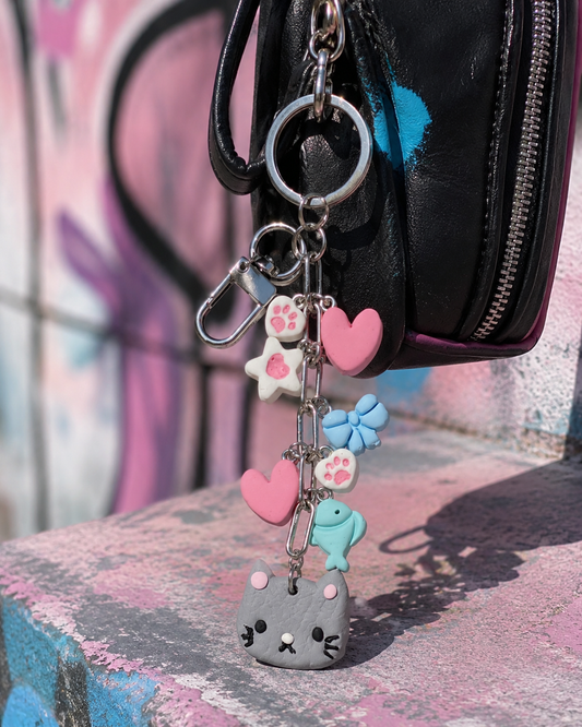Grey Cat Charm Keychain