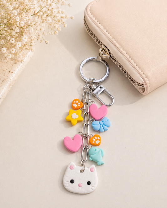 White Cat Charm Keychain